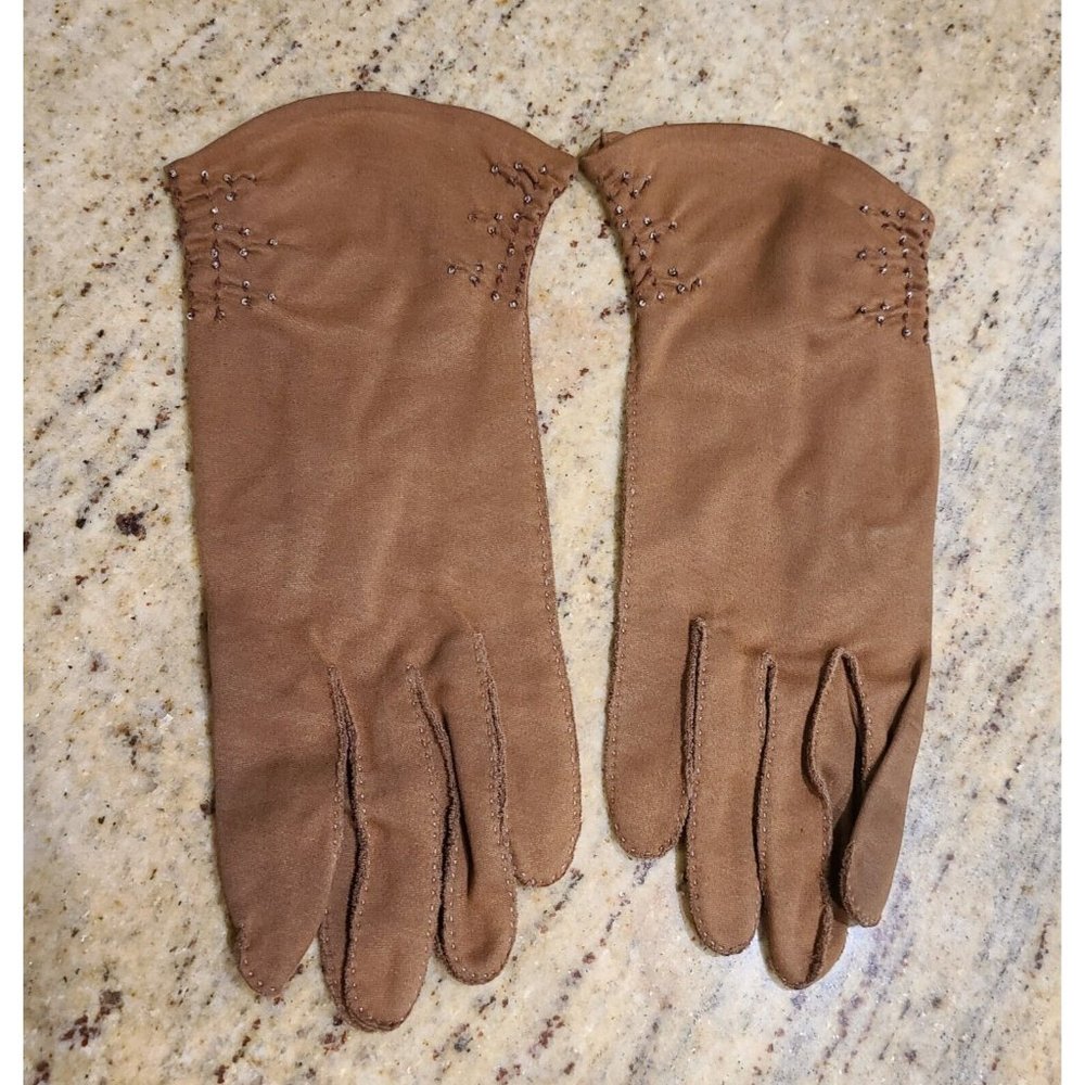 Vtg Size 7.5 L/XL Brown Stretch Hand Stitched Beaded Formal 10" Gloves Shalimar
